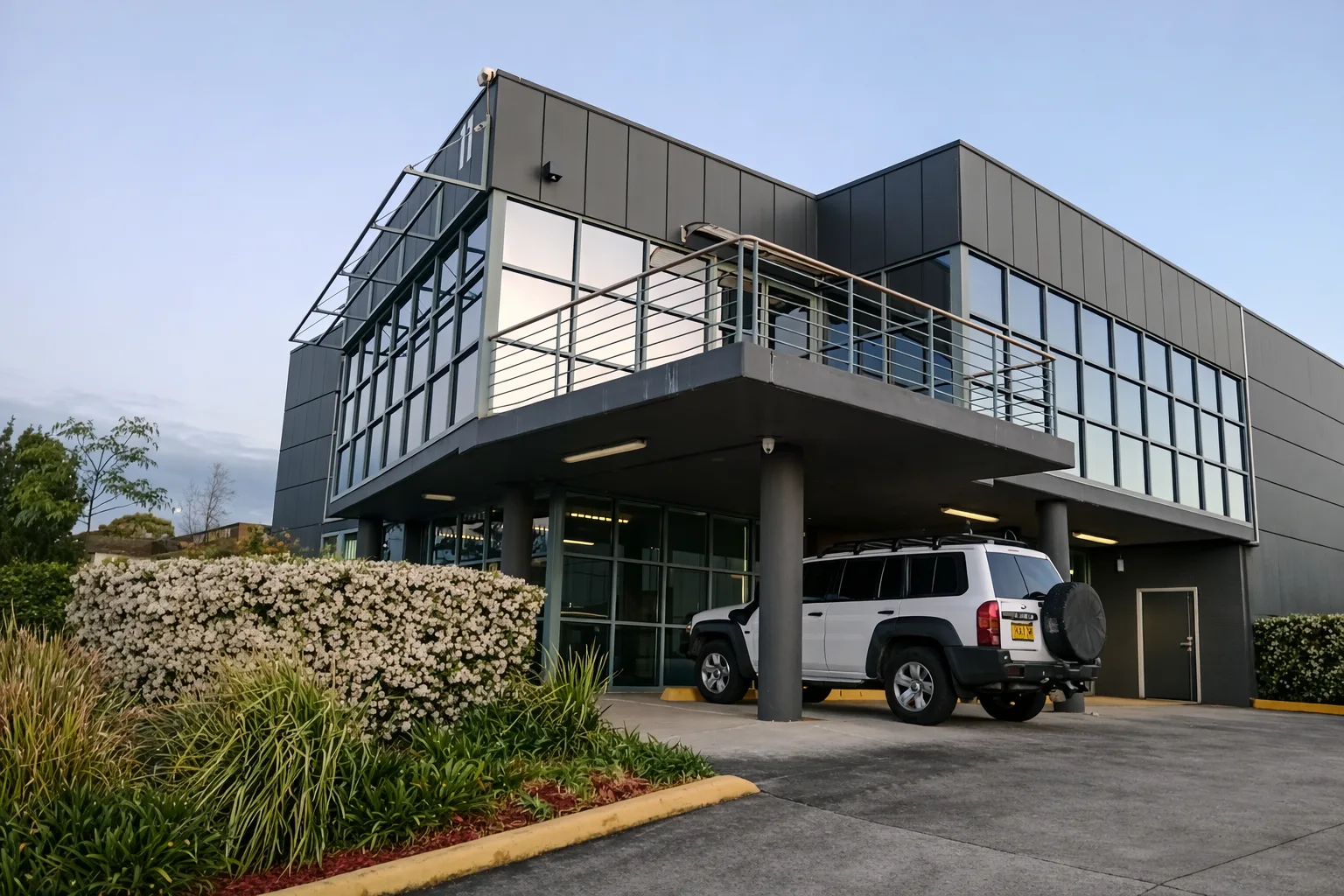 Commercial building exterior with tinted glass curtain wall